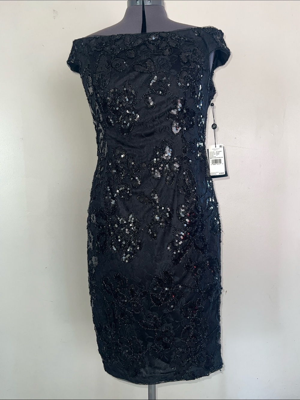 Adrianna Papell Black Sequin Beaded Midi Sheath Dress